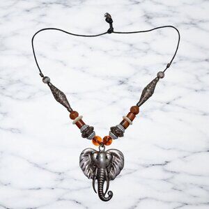 Vintage Boho Elephant Pendant Necklace With Beads & Adjustable Cord Tribal